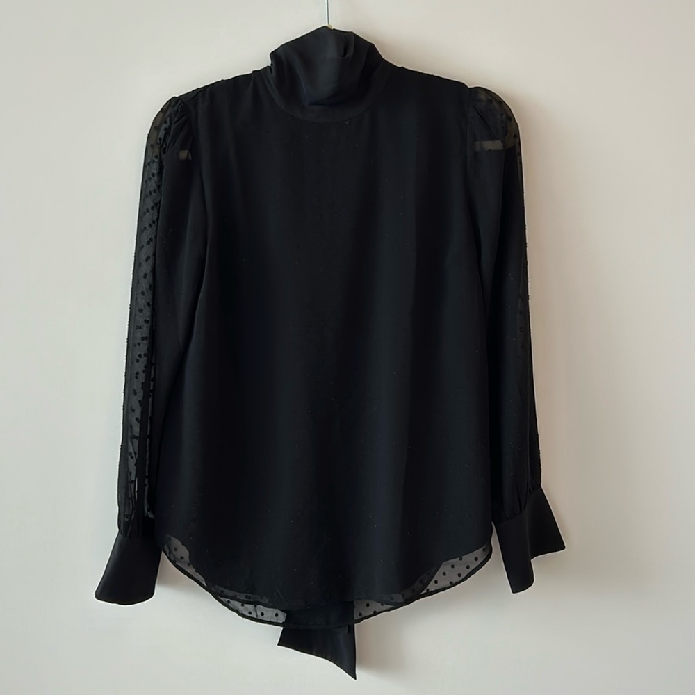 XS Sheer Slong Sleeved Black Polkadot High Neck that Ties in the Back